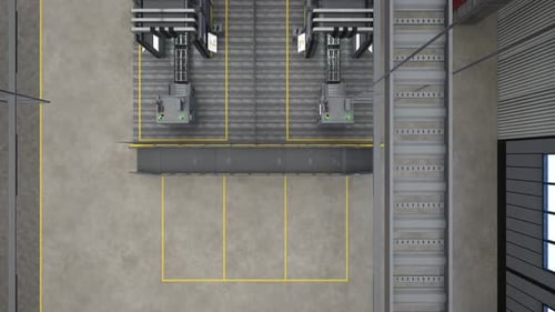 Top Down View of Automated Factory with Conveyor Belts 3D Render