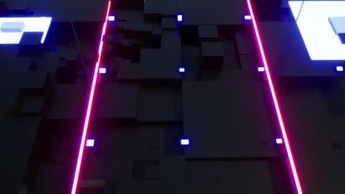 Abstrakter Neonhintergrundflug vorwärts durch den Polygonkorridor