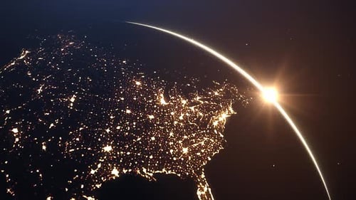 Earth Rotation with City Lights and Sunrise from Space