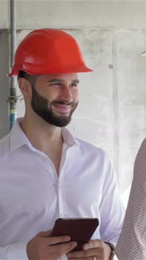 Construction Engineer Engages in Dynamic Discussion While Holding a Digital Tablet