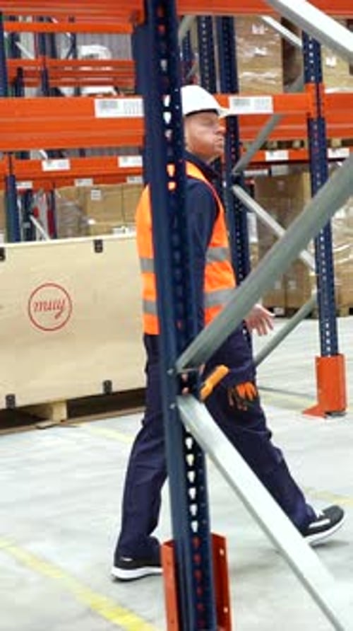 Warehouse worker walking through storage aisles