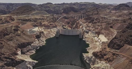 Hoover Dam Nevada Aerial v23 birds eye view flyover the terrain capturing views of rugged desert