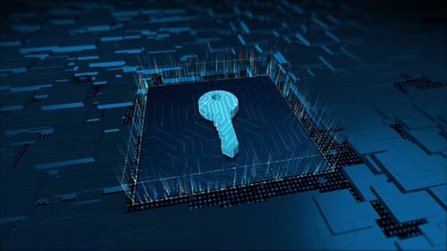 3D blue security Key logo and particles with circuit board and 3d abstract background concept