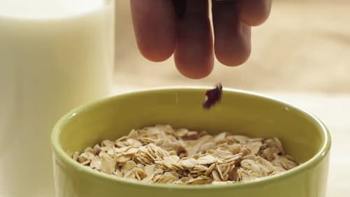 Hand pours cranberries on the yellow oat cereals in a green bowl near glass with white milk