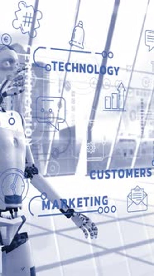 AI Robot Interacting with Futuristic Business Hologram Interface