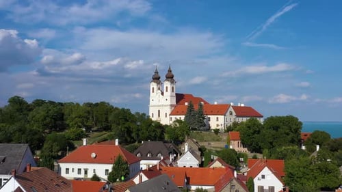 Beutiful church in summer at the lake Balaton. Tihany town, Hungary
Recorded with a DJI Mavic 2 pro
