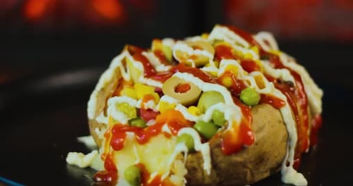 Baked Potato Topped with Vegetables and Condiments
