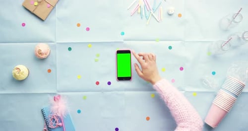 Phone screen, party table and mockup for advertising or digital marketing