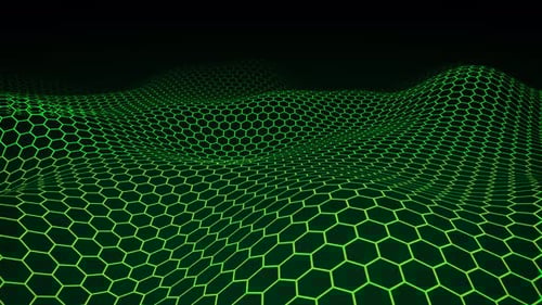 Grün gefärbtes Wellenfeld mit sich sanft bewegendem Sechseckgitter auf schwarzem Hintergrund