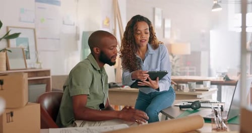 Startup black woman, tablet or teamwork for research, data analysis or planning creative marketing