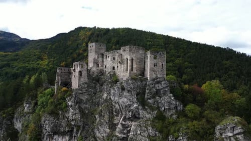1 Aerial, scenic footage of Medieval Ruin Castle high on the mountains of The Strečno Castle, Slovak