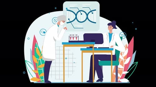 Lab scene with European scientists studying DNA structure.