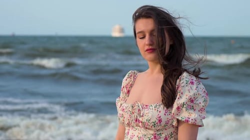 Portrait Young Woman at Sea Beach on Water Waves with Foam Background Slim Female in Tender Dress