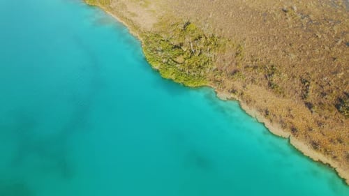 Vue aérienne d'un lagon bleu turquoise avec une côte de végétation sèche à Bacalar, au Mexique