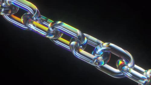 3d glass chain with transparent links rotating on black background with iridescent reflections.