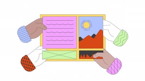 Multirassische Hände, die Elemente der 2D-Animation der Website ersetzen