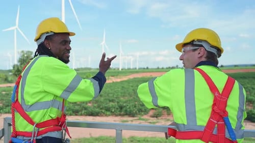 Ingenieur und Techniker besprechen ein Lösungsproblem für eine Windkraftanlage, bevor sie reingehen und es überprüfen