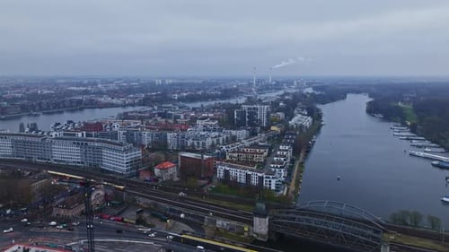 Aerial view of residential buildings on the bank of spree river , Berlin