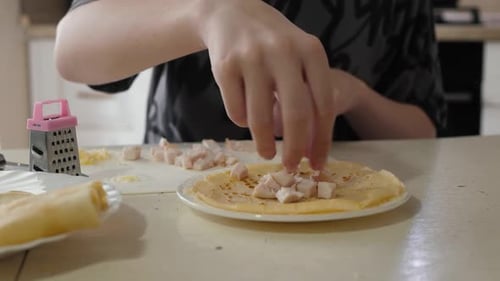 Child Preparing Savory Crepe with Ham in Kitchen