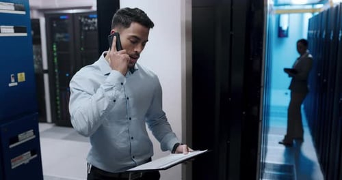 Man Talking on Phone in Server Room