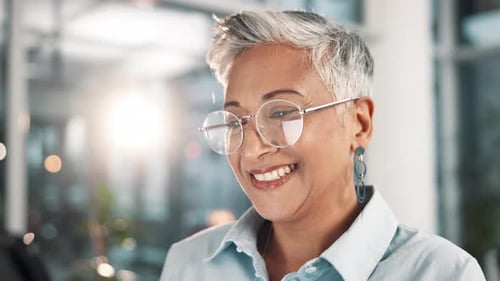 Happy, office and mature woman with tablet for online, research or reading digital finance report