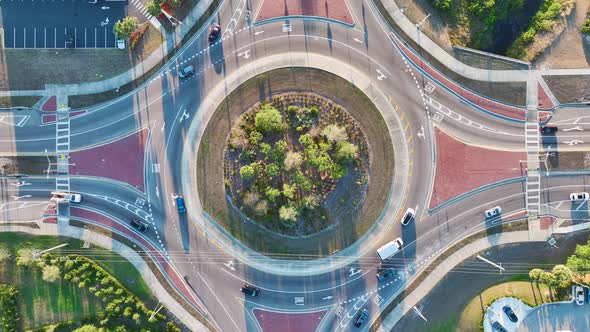 Traffic Circle on American Road with Driving Cars Overhead View of US ...