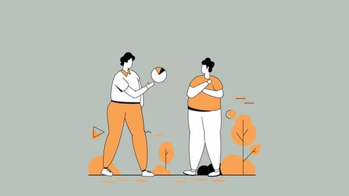 Flat Design Animation of Two People Discussing Business Data