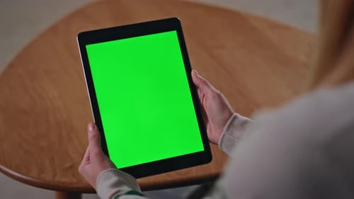 Woman Hands Holding Greenscreen Tablet in Apartment Close Up Girl with Mockup