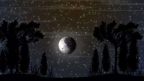 Tree And Glowing Star Blinking Animation At Night With Moon. Moon Rising Forest View Animation Video