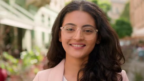 Close Up Portrait of Indian Arabian Ethnic Woman Girl Female Student Tourist Happy Successful