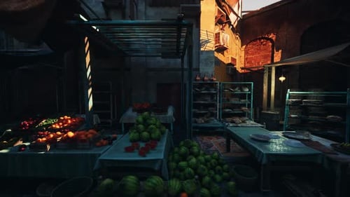 Quiet Evening Market Scene with Vibrant Produce and Warm Lighting