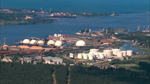port of Riga seen from above with various piers, terminals, railway and cargo
