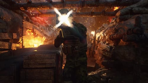 Combat Soldier Firing in Exploding Trench Animation