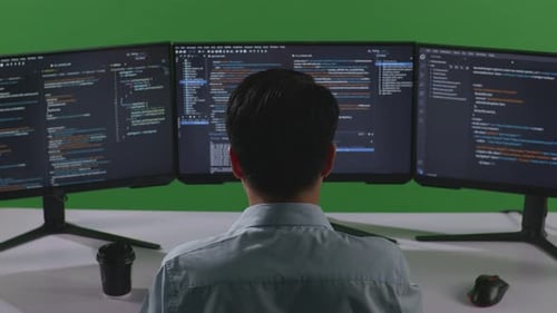 Back View Of Asian Man Developer Using Computer To Write Code With Multiple Screens In Green Screen