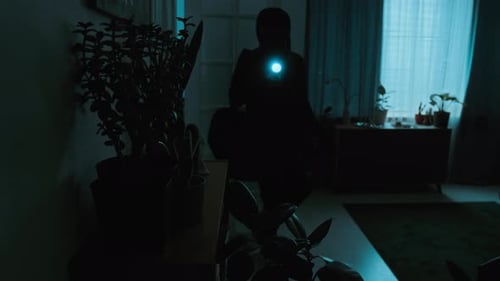 Two People in a House at Night with Flashlights