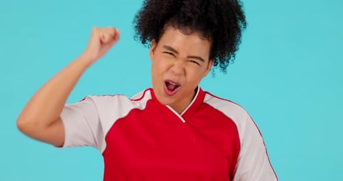 Soccer, face and woman clapping hands, cheering and celebration in studio with good news