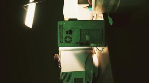 Vertical of Old Computers From the 80s in an Abandoned Computing Center