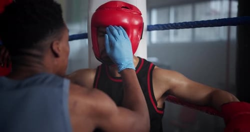 Sports, boxing and man with coach in match for challenge, competition and tournament in ring corner