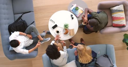 Top view, business people and strategy planning in coffee shop, cafe or restaurant for digital