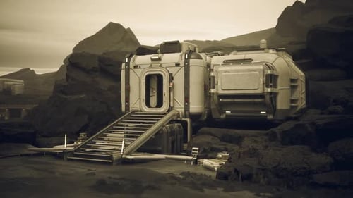 Colonist Base Situated on a Rocky Landscape of a Distant Exoplanet