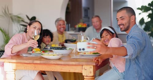 Big family, smile or selfie for dinner celebration together with meal or picture to post on social