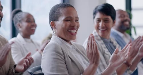 Business people, clapping or happy audience at a seminar or workshop for success in conference