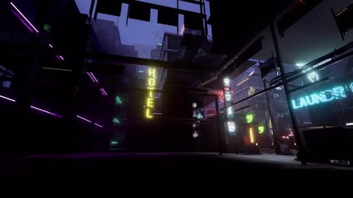 Futuristic Neon Lit Urban Alley With Digital Signs And Vibrant Ambiance 4K