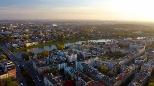 Aerial View of City River at Sunrise