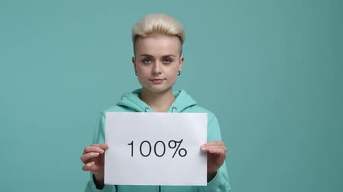Young Adult Holding 100 Percent Sign