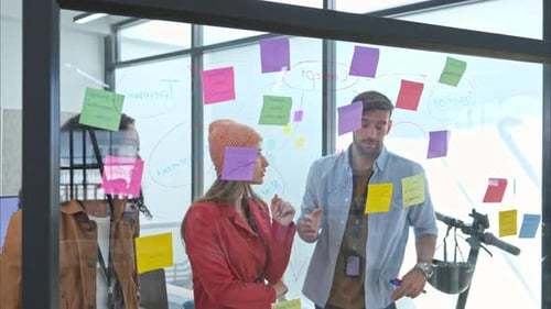 Team Collaborating Using Sticky Notes on Glass