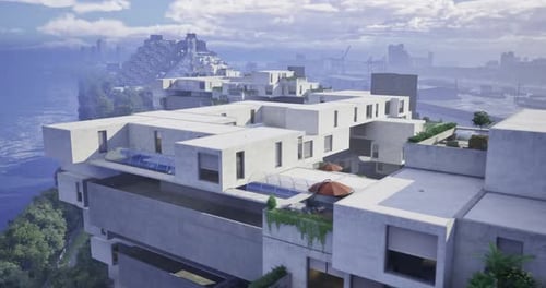 Diseño de arquitectura moderna con vistas a una ciudad frente al mar con nubes vibrantes