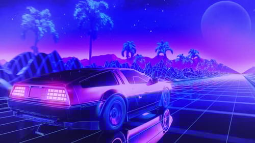 Retro Synthwave Car Driving on Grid Road with Neon Landscape