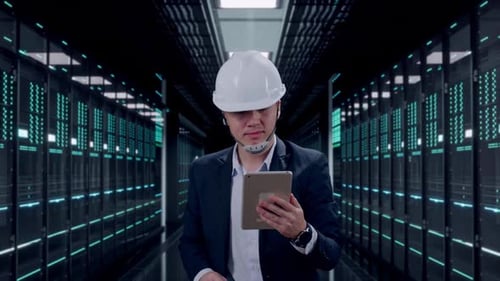 Front View of Asian Businessman Use Tablet While Walking in Data Center
