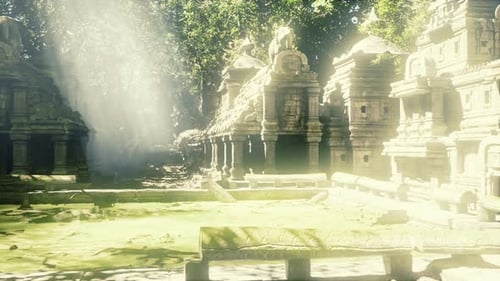 Ancien temple ensoleillé avec des ruines moussues et un environnement paisible